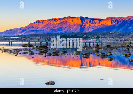 Puerto Natales in Patagonia, Chile. Old Dock in Almirante Montt golf. Stock Photo