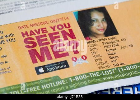 Have You Seen Me ad of missing girl (missing children, missing child, missing person, missing persons) - USA Stock Photo