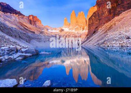 Torres Del Paine National Park, Chile. Sunrise at the Torres lookout. Stock Photo