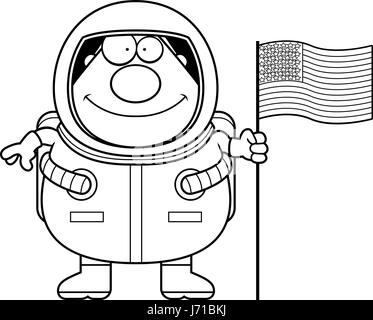 A cartoon illustration of a astronaut with an American flag. Stock Vector