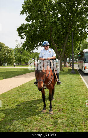 US park police on horseback writing a ticket for a parked coach on the national mall Washington DC USA Stock Photo