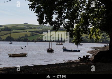 Boats on a creek of river dart at Stoke Gabriel South Hams Devon Stock Photo