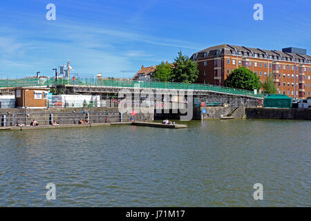 Bristol, UK. 22nd May, 2017. Prince Street Bridge reopens to pedestrians and cyclists after restoration work. The Grade 2 listed swing bridge was built in 1879, but by 2015 its condition had deteriorated to such an extent that the city council was forced to close it to allow major repairs to be carried out. Keith Ramsey/Alamy Live News Stock Photo