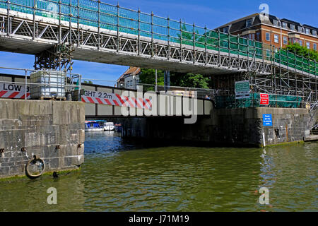 Bristol, UK. 22nd May, 2017. Prince Street Bridge reopens to pedestrians and cyclists after restoration work. The Grade 2 listed swing bridge was built in 1879, but by 2015 its condition had deteriorated to such an extent that the city council was forced to close it to allow major repairs to be carried out. Keith Ramsey/Alamy Live News Stock Photo