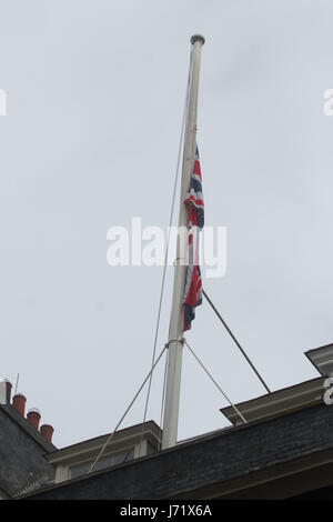 London, UK. 23rd May, 2017. Union Jack flag at half mast at Downing Street following the terror attacks at Manchester Arena which claimed the lives of 22 victims during a concert Credit: amer ghazzal/Alamy Live News Stock Photo