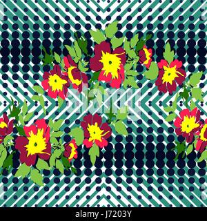 Hand drawn branche flower roses tropical vintage print seamless, halftone dots pattern retro background vector illustration for design, fashion, shirt Stock Vector
