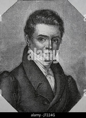 Washington Irving (1783-1859). American writer. Romanticism. Engraving, Our century,1883. Spanish edition. Stock Photo