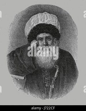 Iman Shamil (1797-1871). Leader anti-Russian reistance in Caucasian War. 3rd Imam of Caucasian Imamate. Engraving. Our Century, 1883. Spanish Edition. Stock Photo