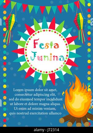 Festa Junina greeting card, invitation, poster. Brazilian Latin American festival template for your design.Vector illustration. Stock Vector