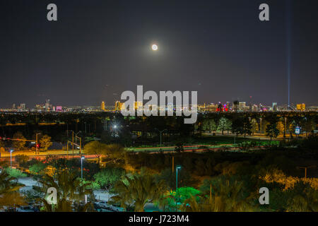 Las Vegas, Nevada, USA - May 13, 2017:  Night view of Las Vegas strip resort towers with moon. Stock Photo