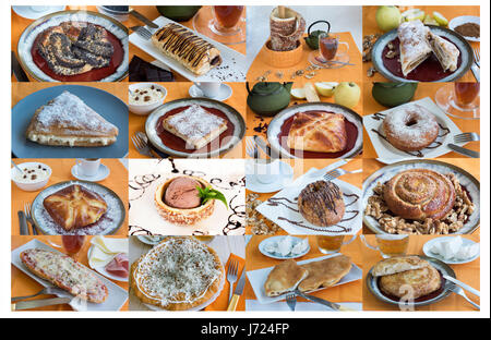 A largA large collage with sweet buns tea, coffeee collage with sweet buns tea, coffee Stock Photo