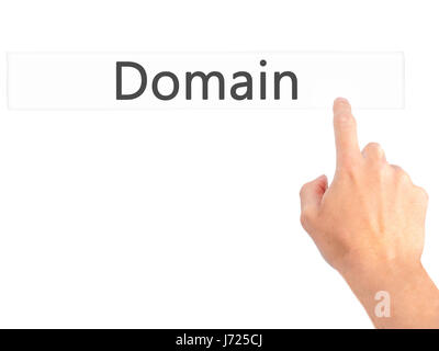 Domain - Hand pressing a button on blurred background concept . Business, technology, internet concept. Stock Photo Stock Photo