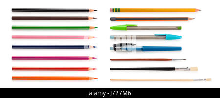 Collection of colorful pencils and different paintbrushes   isolated on white background. Stock Photo