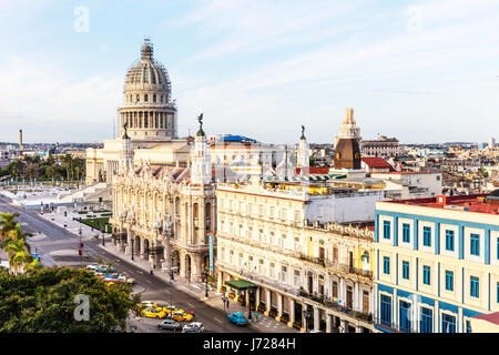 Cuba, Havana. Paseo de Marti. Hotel Inglaterra, National Theater, Capitol, from right foreground to left Havana Capitol, Havana National Theater Cuba Stock Photo