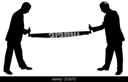 People silhouettes holding a saw isolated on white Stock Photo