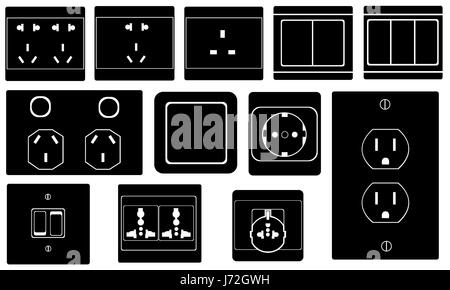 Set of different switches and sockets isolated on white Stock Photo