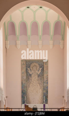Wellington, New Zealand - March 10, 2017: Altar, Pixelated backdrop of Christ and pastel colored ceiling at Saint Paul Cathedral. Stock Photo