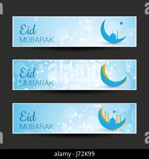 Blue Set of Eid Mubarak Greeting Header or Banner Templates with Abstract Sparkling Background Creative Design in Freely Scalable and Editable Vector Stock Vector