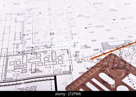 Scale ruler and floor plan cad drawings for a project Stock Photo - Alamy
