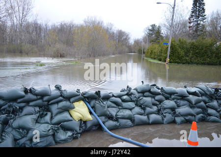 Sand bag wall protecting homes and a neighborhood Stock Photo