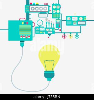 Electric supply of a electric bulb. Light bulb connected to a machine. Machinery producing electrical energy. Stock Vector