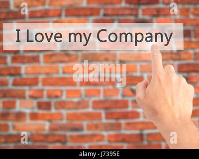 I Love my Company - Hand pressing a button on blurred background concept . Business, technology, internet concept. Stock Photo Stock Photo