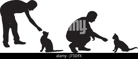 Silhouettes of people feeding cats isolated on white Stock Vector