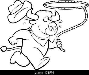 A happy cartoon rodeo buffalo running with a lasso. Stock Vector