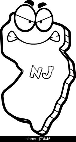 A cartoon illustration of the state of New Jersey smiling with