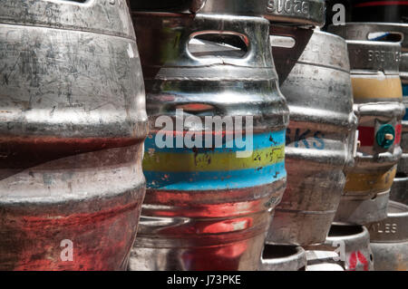 Beer kegs used to store drinks stacked up Stock Photo