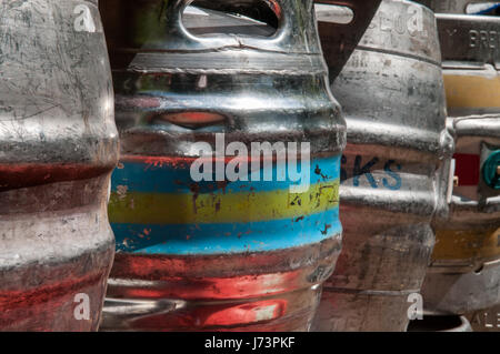 Beer kegs used to store drinks stacked up Stock Photo