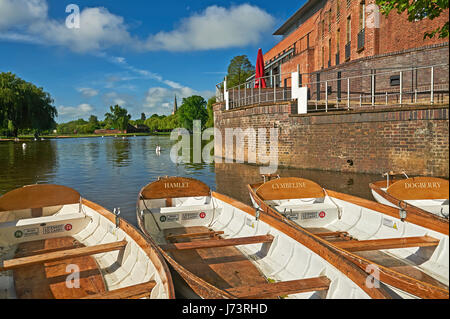 White rowing boats moored on the River Avon in Stratford upon Avon, Warwickshire. Stock Photo