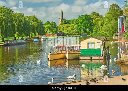 Stratford upon Avon and a summer scene down the River Avon towards Holy Trinity church. Stock Photo