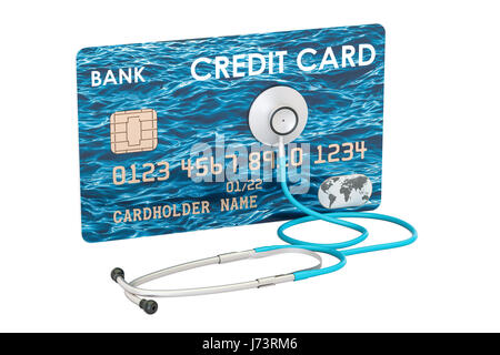 Credit card and stethoscope, financial aid concept. 3D rendering isolated on white background Stock Photo