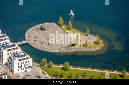 PhoenixSee Dortmund, island with sailboat, Dortmund-Hörde, Dortmund, Ruhr area, North Rhine-Westphalia, Germany,PhoenixSee Dortmund, Insel mit Segelbo Stock Photo