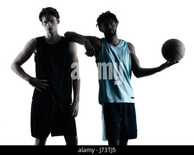 two basketball players men isolated in silhouette shadow on white background Stock Photo
