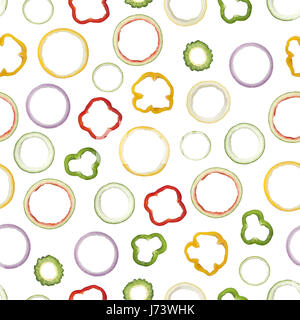 Seamless pattern of different types of ring shaped fruit and vegetable peel isolated on white background Stock Photo