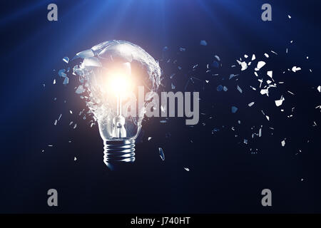 Exploding light bulb on a blue background, with concept creative thinking and innovative solutions, 3D rendering Stock Photo