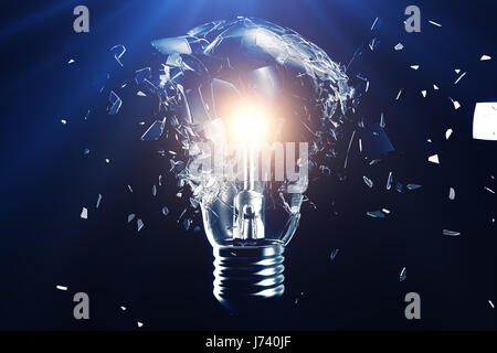 Exploding light bulb on a blue background, with concept creative thinking and innovative solutions, 3D rendering Stock Photo