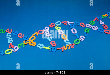 DNA molecule concept made from colored numbers representing the double helix structure and base pairs, bioinformatics and molecular engineering Stock Photo