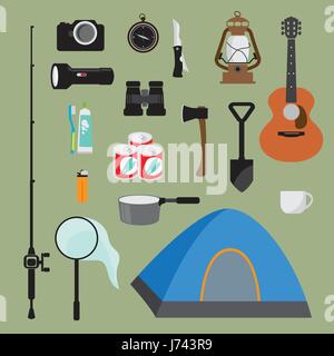 Mountain hike elements. Autumn forest camping set. Hiking equipment and gear vector icon collection. Mountains, tent, binoculars, campfire, barbecue,  Stock Vector