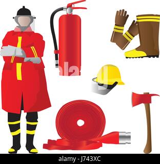 Firefighter set. Isolated emergency items on white background Stock Vector