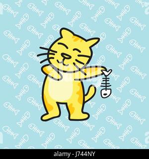 cat holding a fishbone with a fishbone background, vector illustration. Stock Vector