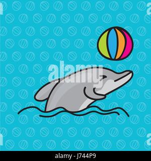 Dolphins playing ball, jumping on sea, vector illustration. Stock Vector