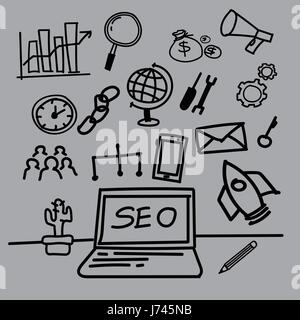 search results engine optimization, SEO, hand-drawn style,drawing,hand drawn, illustration. Stock Vector