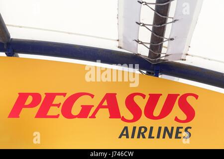 Lyon, France - March 21 2017: Pegasus Airlines logo on a wall. Pegasus Airlines is a Turkish low-cost airline Stock Photo