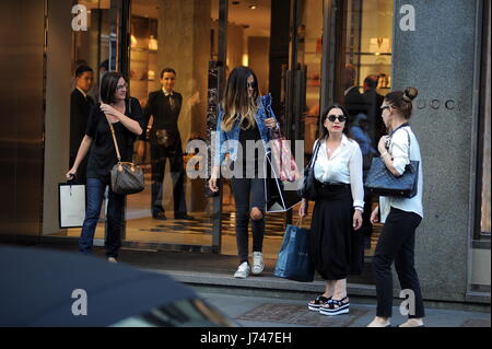 Milan, Giorgia Palmas shopping center with a friend Giorgia Palmas arrives in the center and together with a friend enters the 'GUCCI' boutique in via Montenapoleone for shopping. They are looking at some clutches and walking handbags, and as they are uncertain, they help the order for choice. They leave after about an hour and indulge in a long walk before returning home. Stock Photo