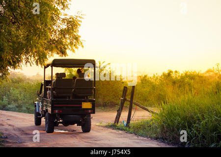 An open topped jeep carries tourists into the national park of Udawalawe, Sri Lanka to search for wildlife in the park. Stock Photo