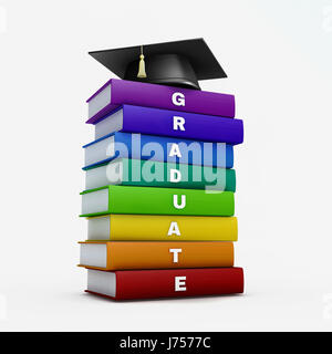 Mortar board on stack of rainbow graduate book isolated on white with ...