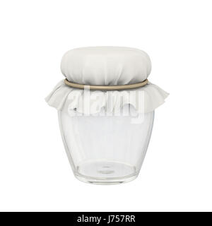 Transparent glass jar and circle cloth shape tied with a golden rope use for keep many kind of food isolated on white background witth clipping path Stock Photo